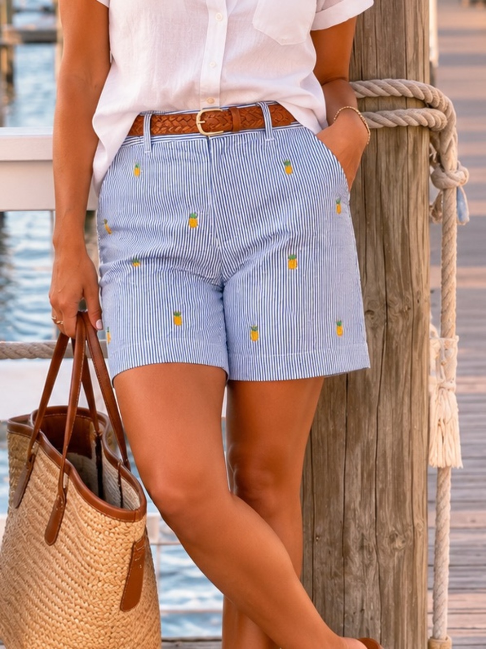 Brooks Brothers 346 Seersucker Pineapple Embroidered Bermuda Shorts Size‎ 6